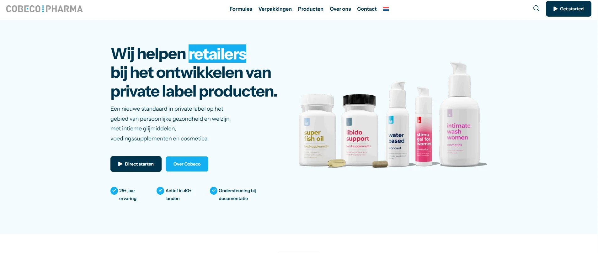Cobeco Pharma webpage highlighting private label products including supplements and cosmetics with a call to retailers.